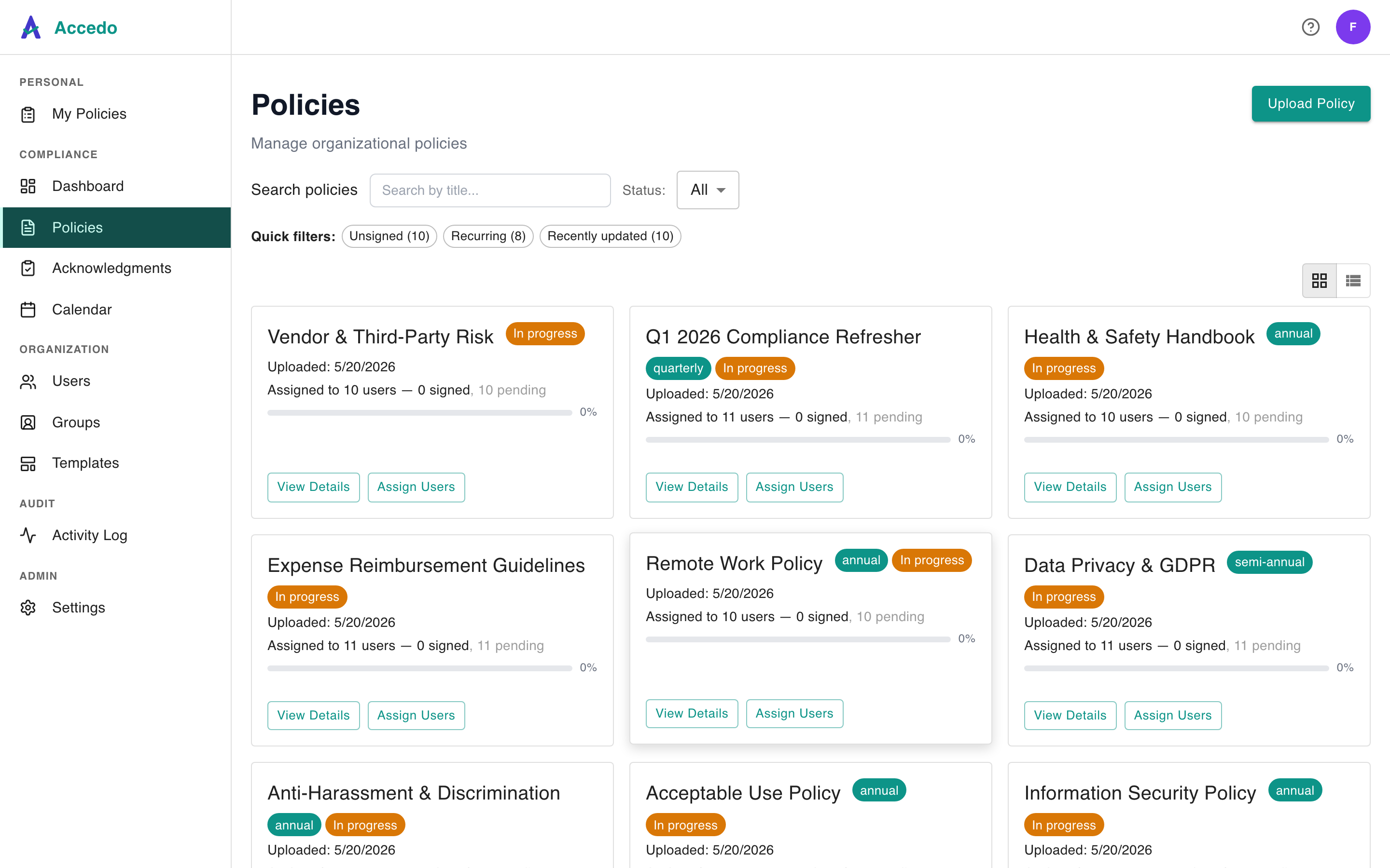 Accedo policies list showing each published procedure with its acknowledgment status across the practice's staff
