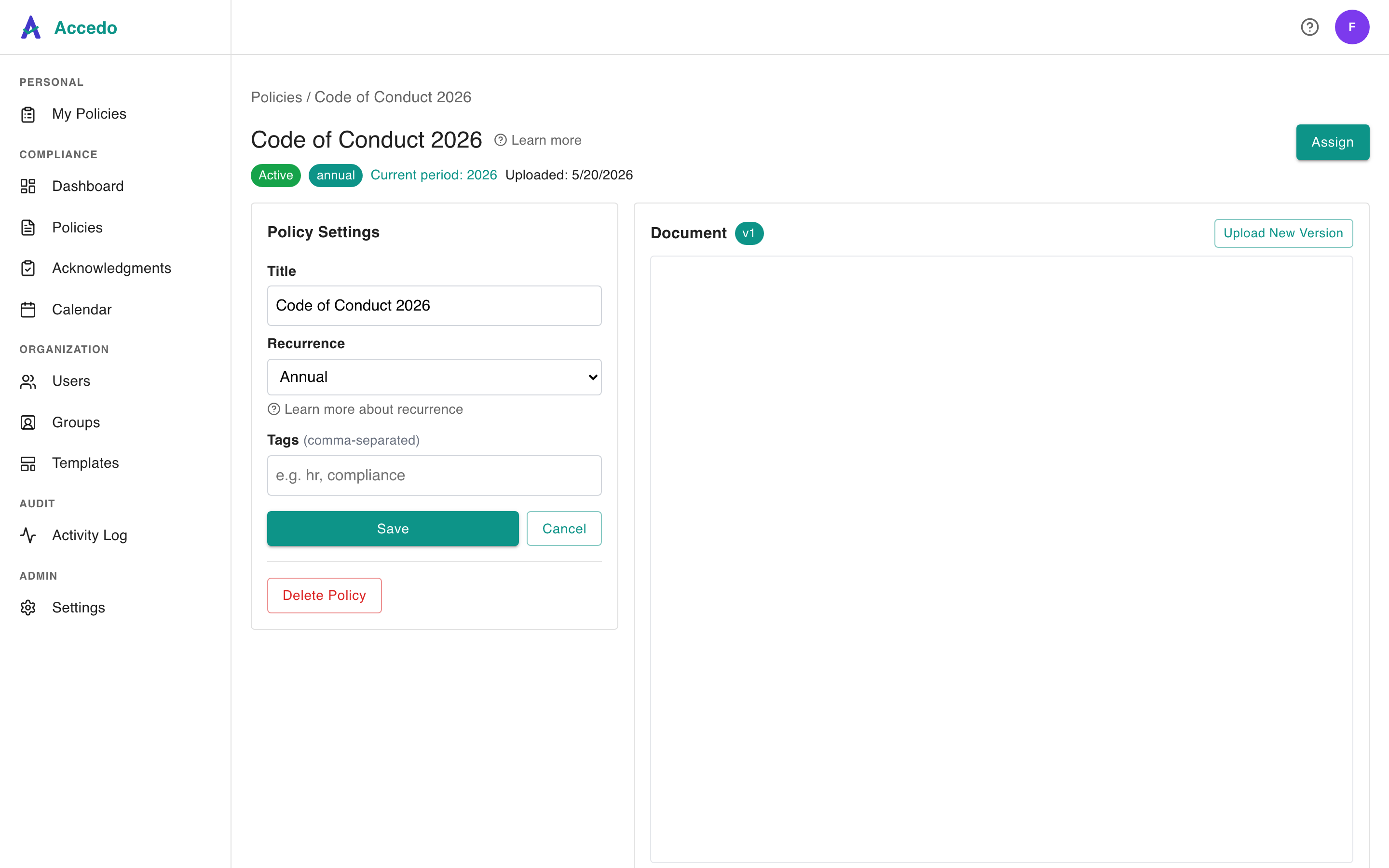Accedo policy detail view showing a written safety plan and the dated list of staff who have acknowledged it
